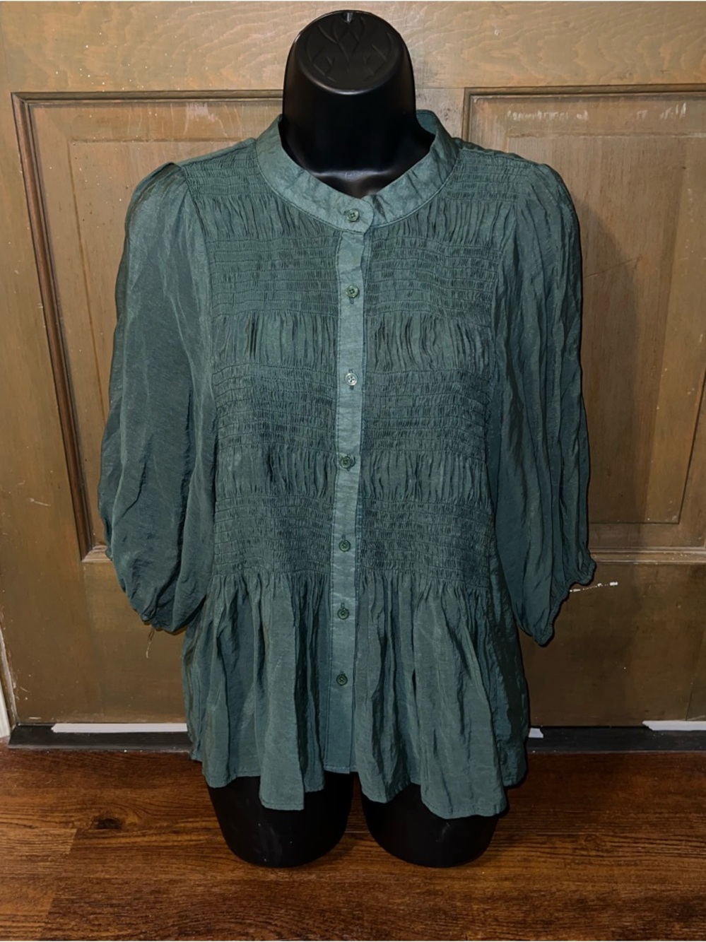 Green Boho Button Up Cottage Peplum Quarter Sleeve Smocked Tunic Top Size XL